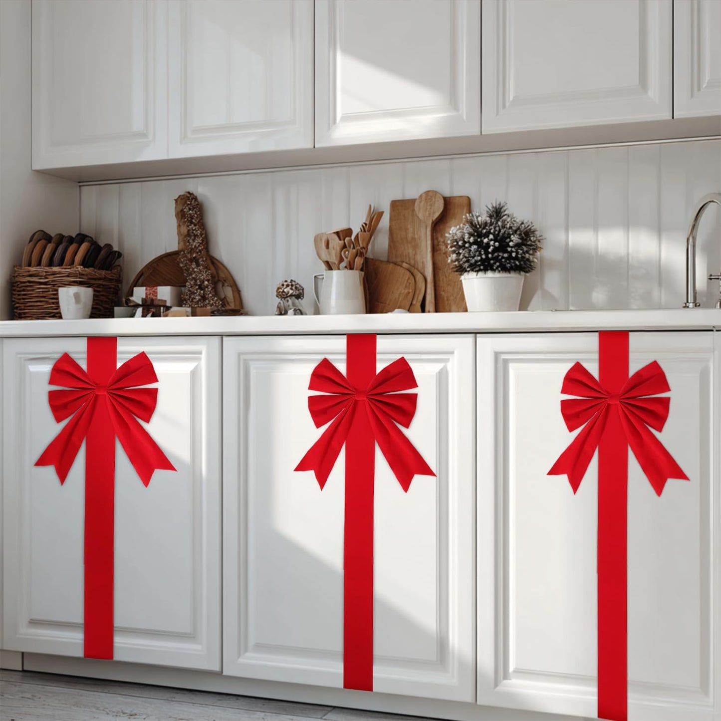 🎀 Red Christmas Cabinet Ribbon Bows – Large Red Bows for Door, Kitchen & Locker Decor 🎄