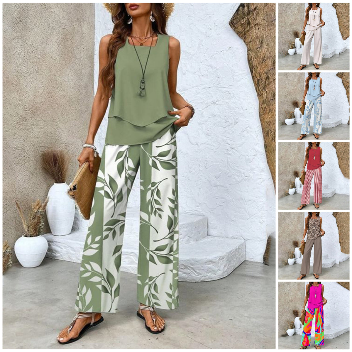 🔥Mother's Day Hot Sale 50% OFF🌺Women’s Trendy Print 2 Piece Outfits Sleeveless Top & Pants