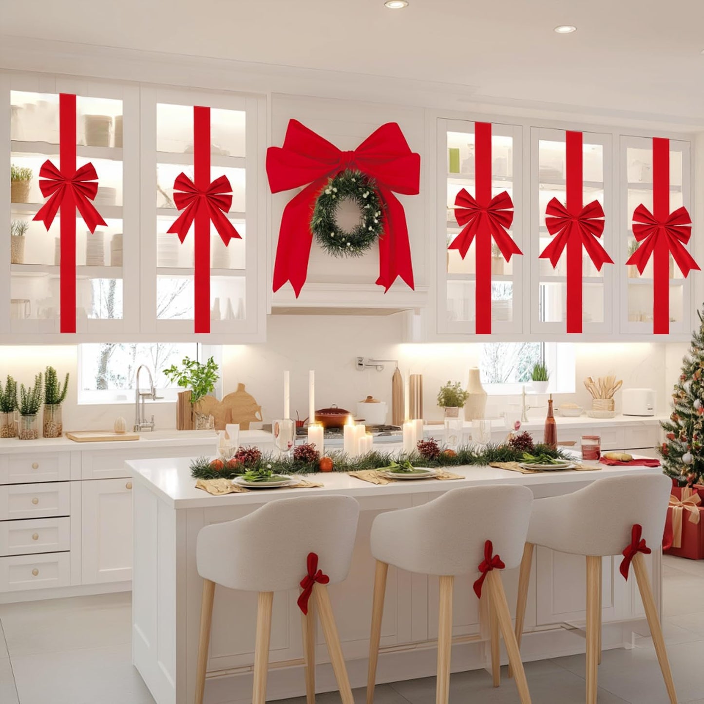 🎀 Red Christmas Cabinet Ribbon Bows – Large Red Bows for Door, Kitchen & Locker Decor 🎄
