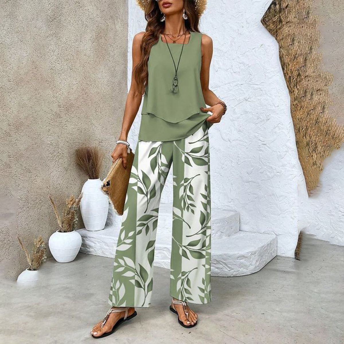 🔥Mother's Day Hot Sale 50% OFF🌺Women’s Trendy Print 2 Piece Outfits Sleeveless Top & Pants