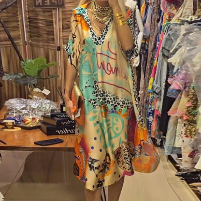 Women’s Deep V-Neck Short Sleeve Printed Dress