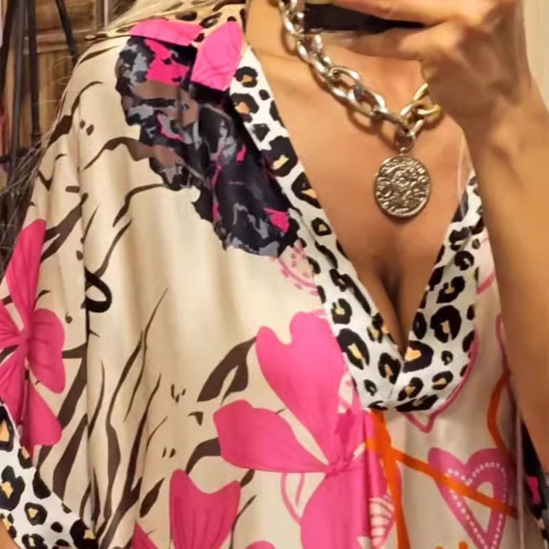 Women’s Deep V-Neck Short Sleeve Printed Dress