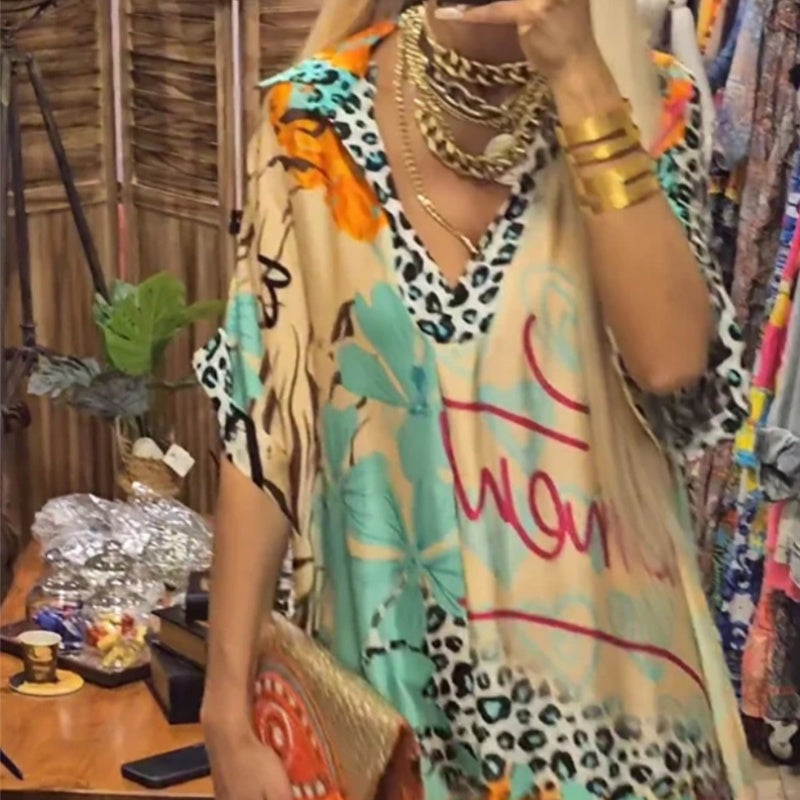 Women’s Deep V-Neck Short Sleeve Printed Dress