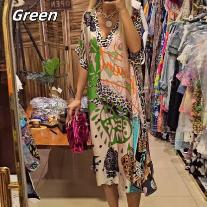Women’s Deep V-Neck Short Sleeve Printed Dress