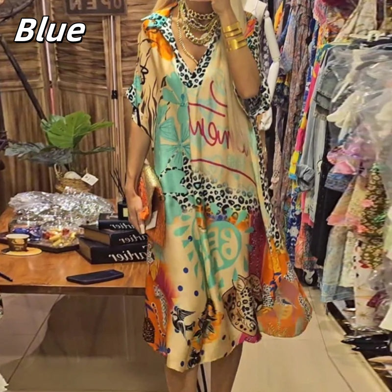 Women’s Deep V-Neck Short Sleeve Printed Dress
