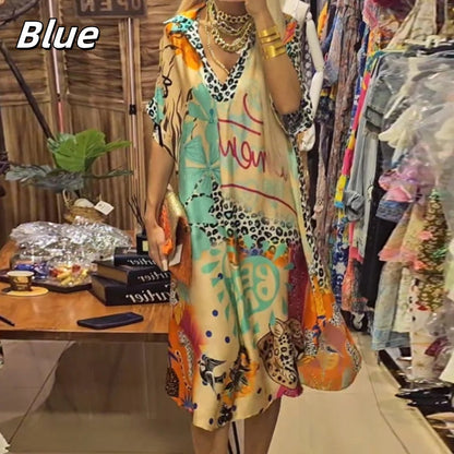 Women’s Deep V-Neck Short Sleeve Printed Dress