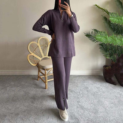 💥FREE SHIPPING💥Women's Cozy Ribbed Knit Two-Piece Set with Slit-Leg Pants