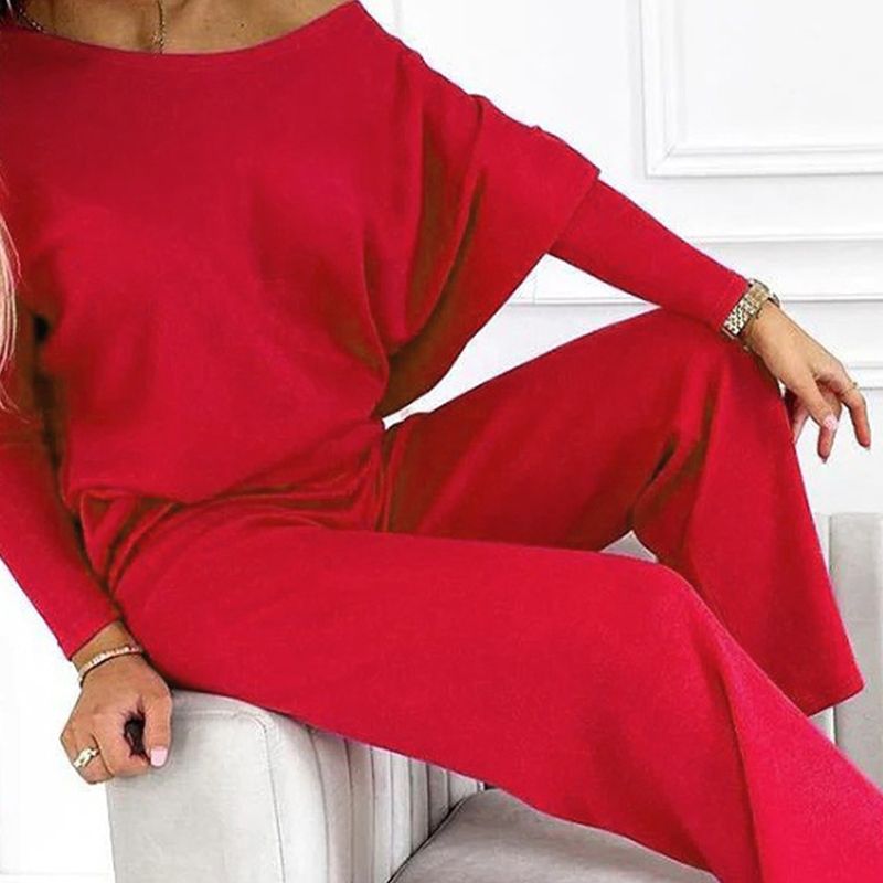 Women's set with solid color Drop Shoulder Pullover and loose pants