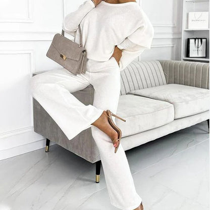 Women's set with solid color Drop Shoulder Pullover and loose pants