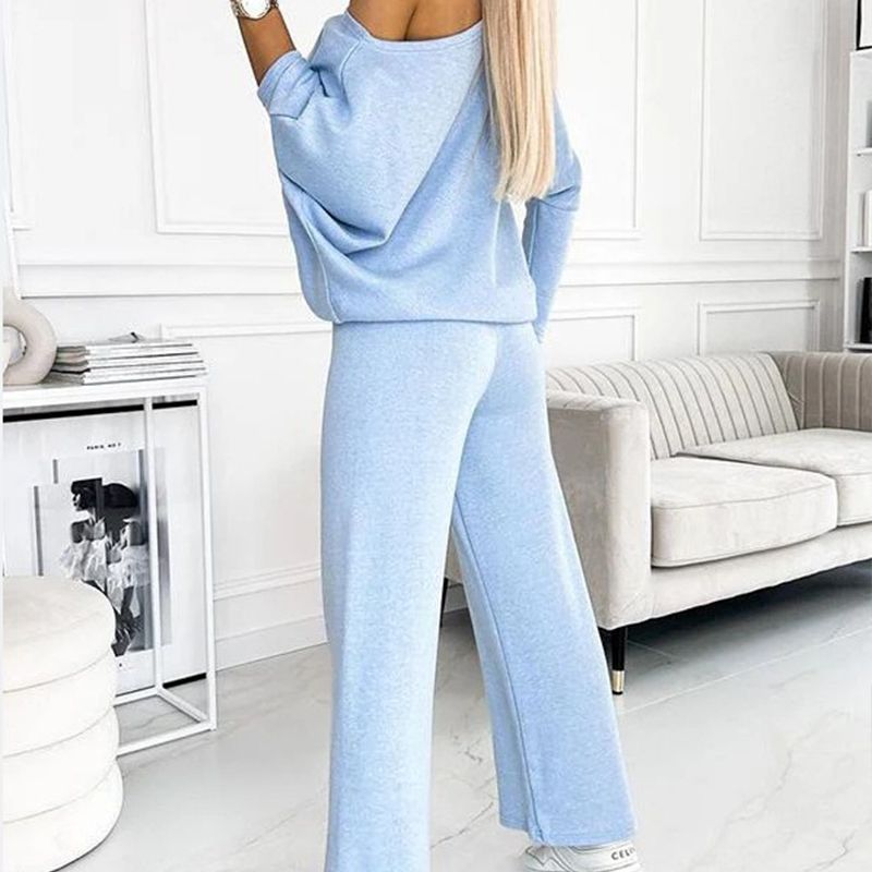 Women's set with solid color Drop Shoulder Pullover and loose pants