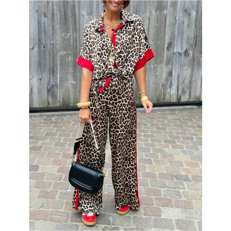 🌸Spring Hot Sale 49% OFF💐 Women's 2-Piece Leopard Print Outfit Button-Down Shirt & Wide-Leg Pants