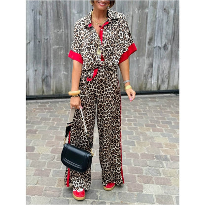 🌸Spring Hot Sale 49% OFF💐 Women's 2-Piece Leopard Print Outfit Button-Down Shirt & Wide-Leg Pants