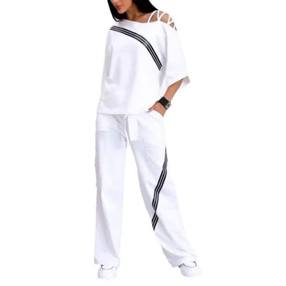 Women’s Striped Short-Sleeve Tops ＆ Pants Two-Piece Set