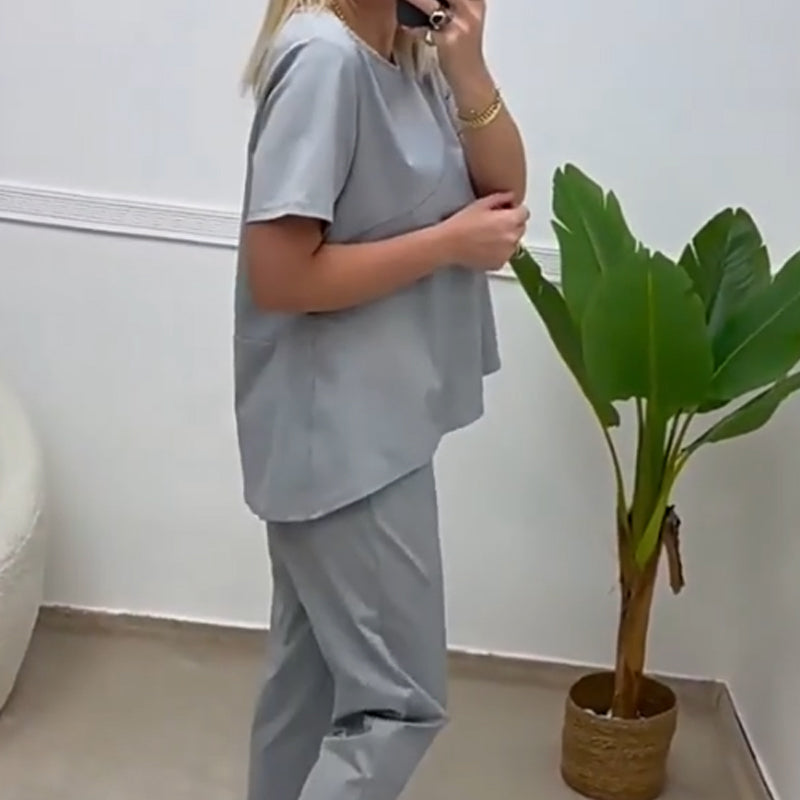 Women’s Solid Short-Sleeve Tops ＆ Pants Two-Piece Set