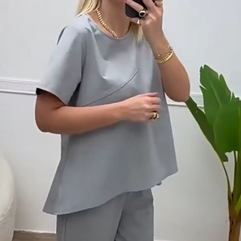 Women’s Solid Short-Sleeve Tops ＆ Pants Two-Piece Set