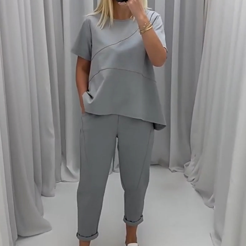 Women’s Solid Short-Sleeve Tops ＆ Pants Two-Piece Set
