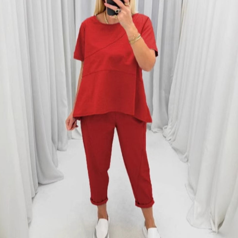 Women’s Solid Short-Sleeve Tops ＆ Pants Two-Piece Set