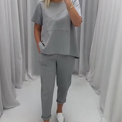 Women’s Solid Short-Sleeve Tops ＆ Pants Two-Piece Set
