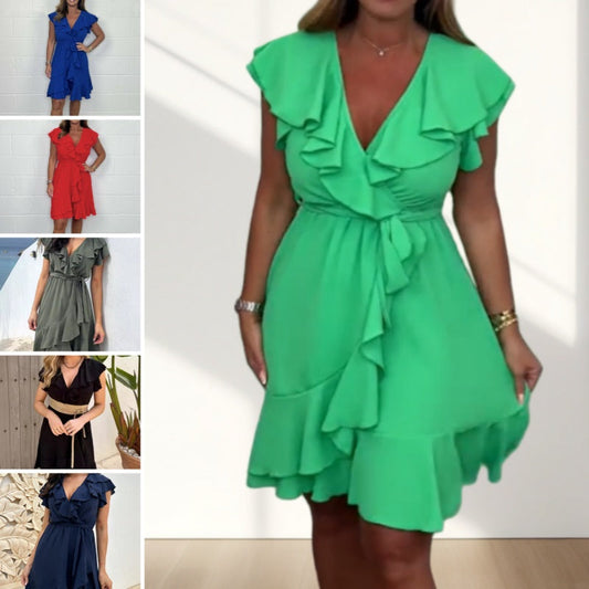 Women's Elegant Waist Tie V-Neck Ruffle Dress
