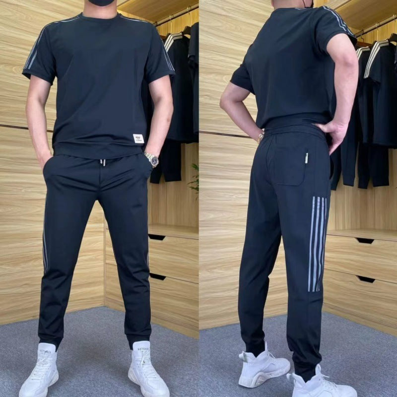 Men's Casual Sports Short Sleeve Long Pants Two-Piece Set