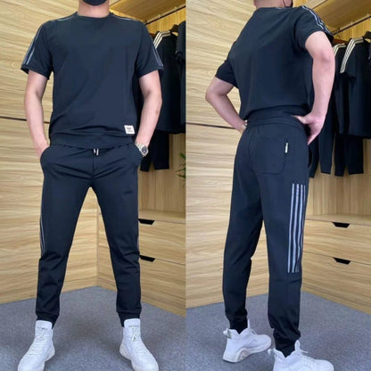Men's Casual Sports Short Sleeve Long Pants Two-Piece Set