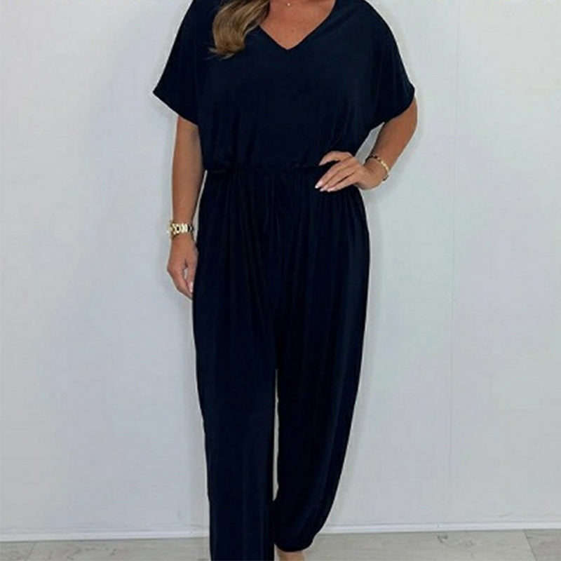 Solid color loose jumpsuit with V-neck