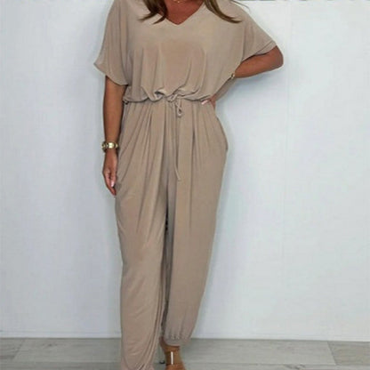 Solid color loose jumpsuit with V-neck