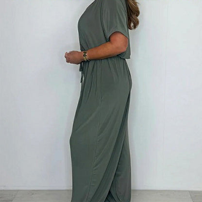 Solid color loose jumpsuit with V-neck