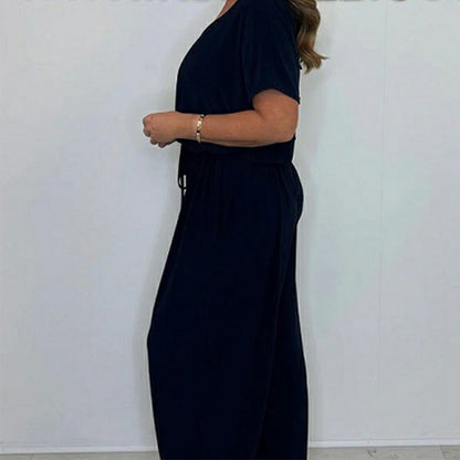 Solid color loose jumpsuit with V-neck