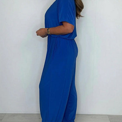 Solid color loose jumpsuit with V-neck