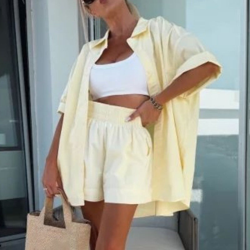 Vibrant Solid Color Short Sleeve Shirt & High Waisted Shorts 2-Piece Set