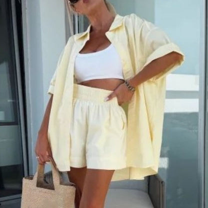 Vibrant Solid Color Short Sleeve Shirt & High Waisted Shorts 2-Piece Set