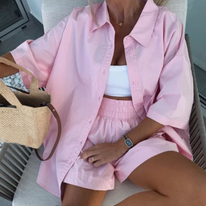 Vibrant Solid Color Short Sleeve Shirt & High Waisted Shorts 2-Piece Set