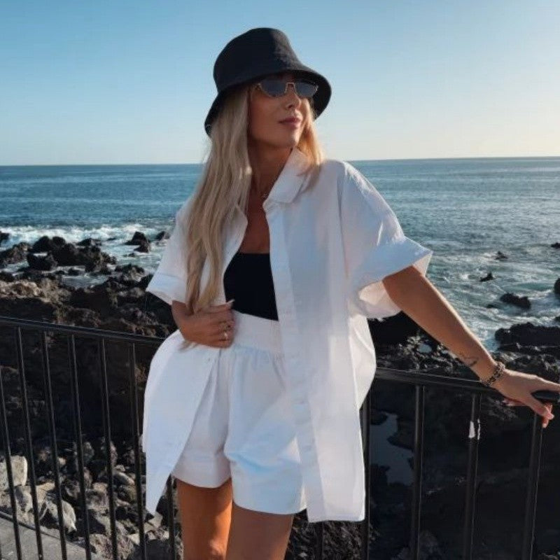 Vibrant Solid Color Short Sleeve Shirt & High Waisted Shorts 2-Piece Set