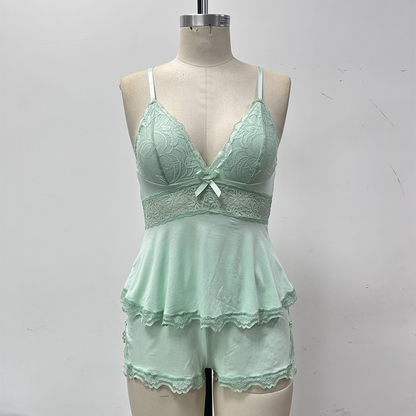 💕LAST DAY SPECIAL PRICE: ￡13.99!!💕👚Lace Trimmed V-Neck Camisole & Shorts Sleepwear Set