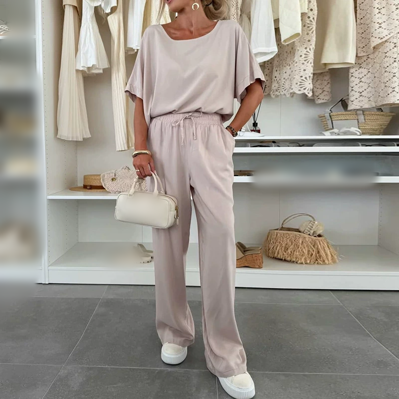 Solid Color Short Sleeve Top & Drawstring Pants 2-Piece Set