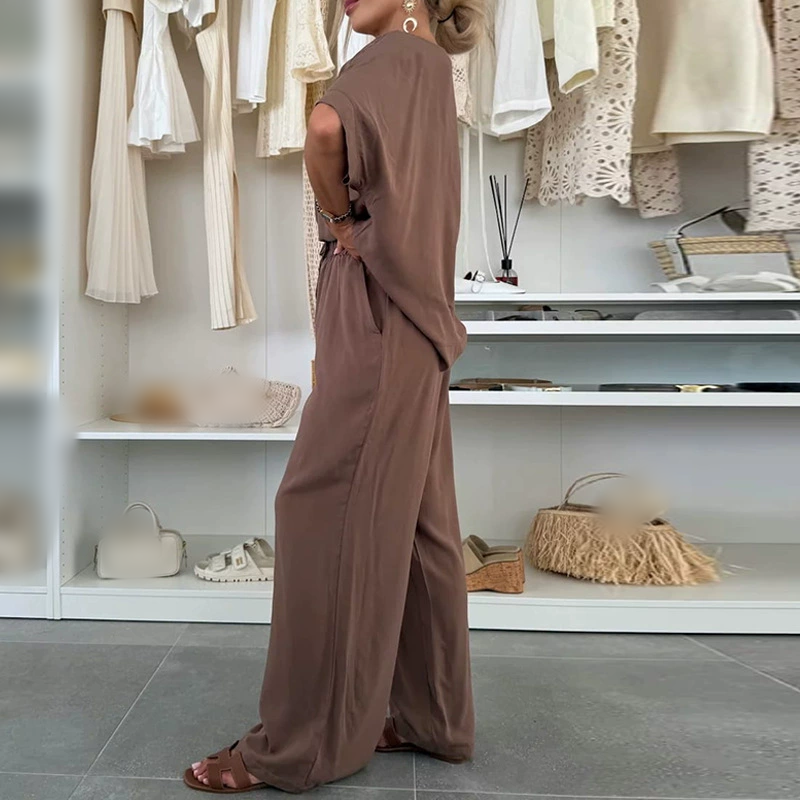 Solid Color Short Sleeve Top & Drawstring Pants 2-Piece Set