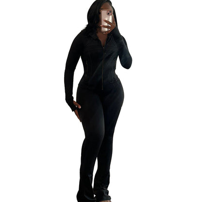 Sexy Solid Color Long-Sleeve Top & Pants Set
