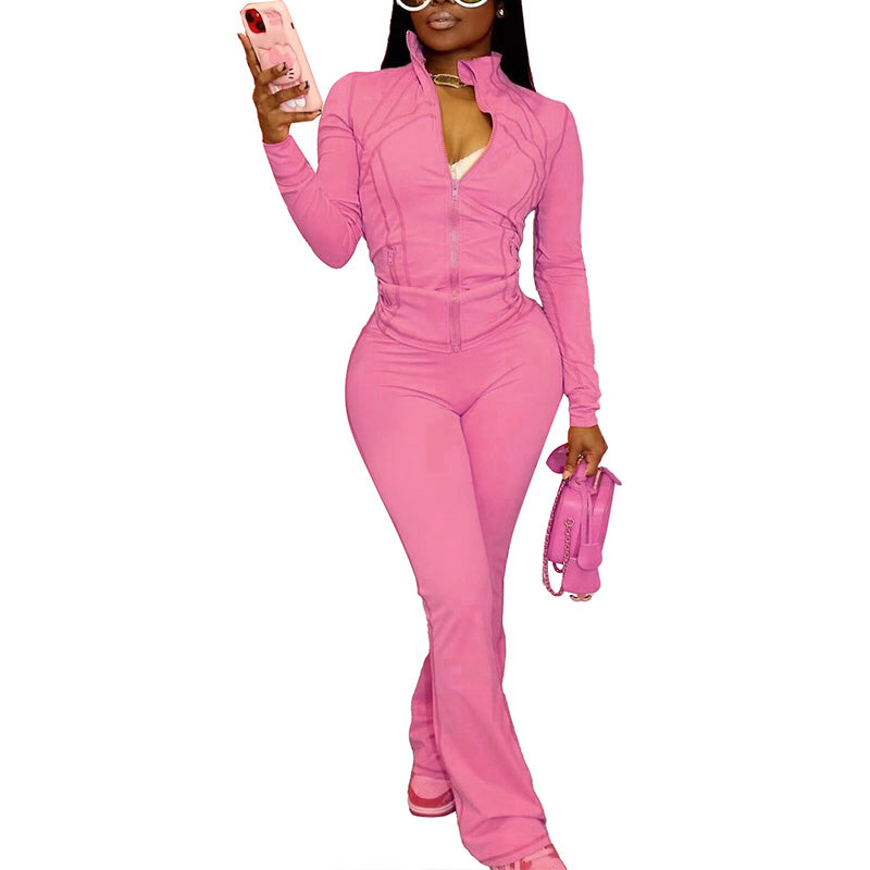 Sexy Solid Color Long-Sleeve Top & Pants Set