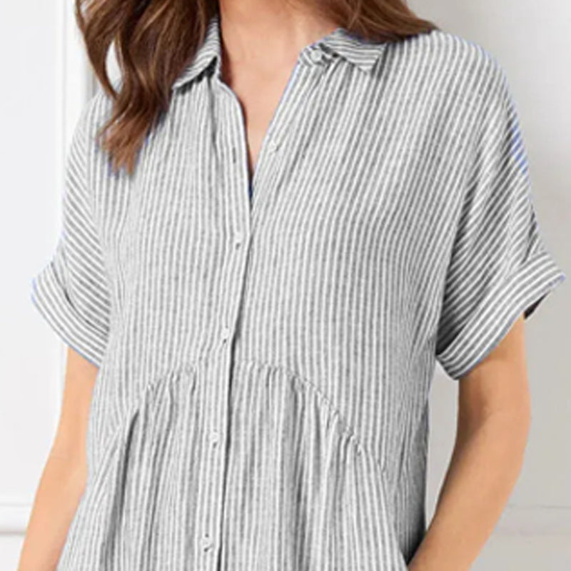 Women's V-Neck Lapel Striped Long Shirt Dress