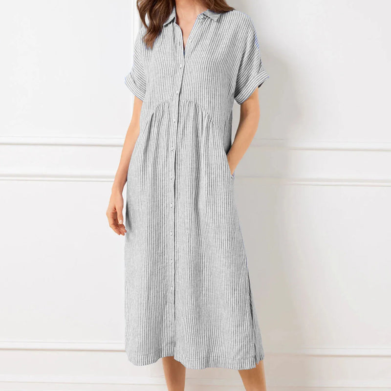 Women's V-Neck Lapel Striped Long Shirt Dress