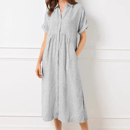 Women's V-Neck Lapel Striped Long Shirt Dress