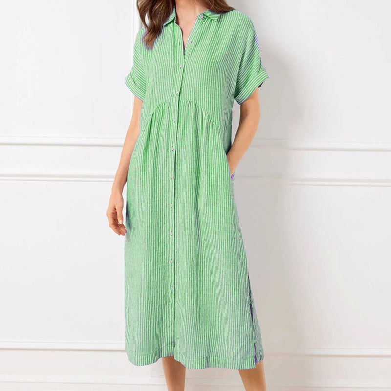 Women's V-Neck Lapel Striped Long Shirt Dress
