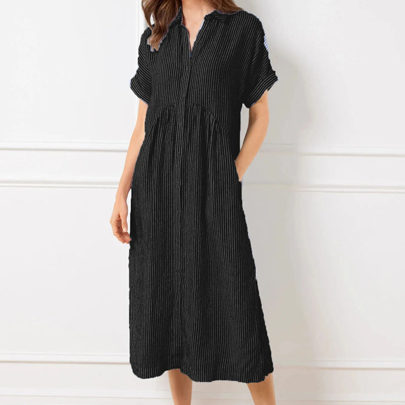 Women's V-Neck Lapel Striped Long Shirt Dress