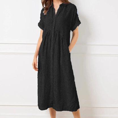 Women's V-Neck Lapel Striped Long Shirt Dress