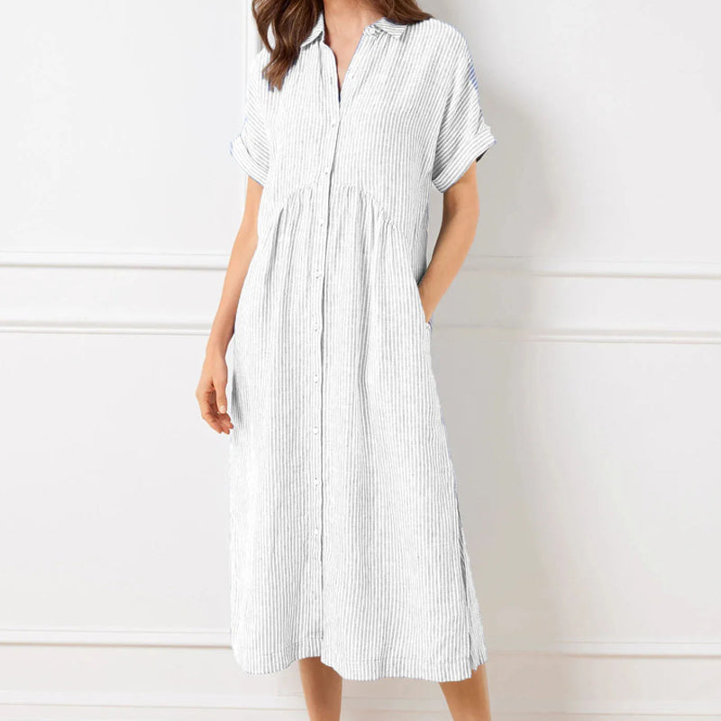 Women's V-Neck Lapel Striped Long Shirt Dress
