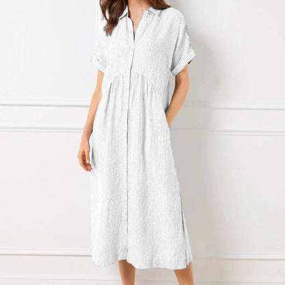 Women's V-Neck Lapel Striped Long Shirt Dress