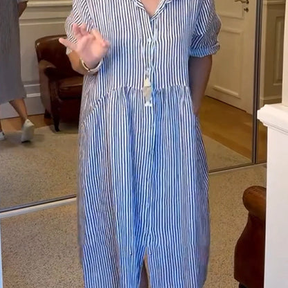 Women's V-Neck Lapel Striped Long Shirt Dress